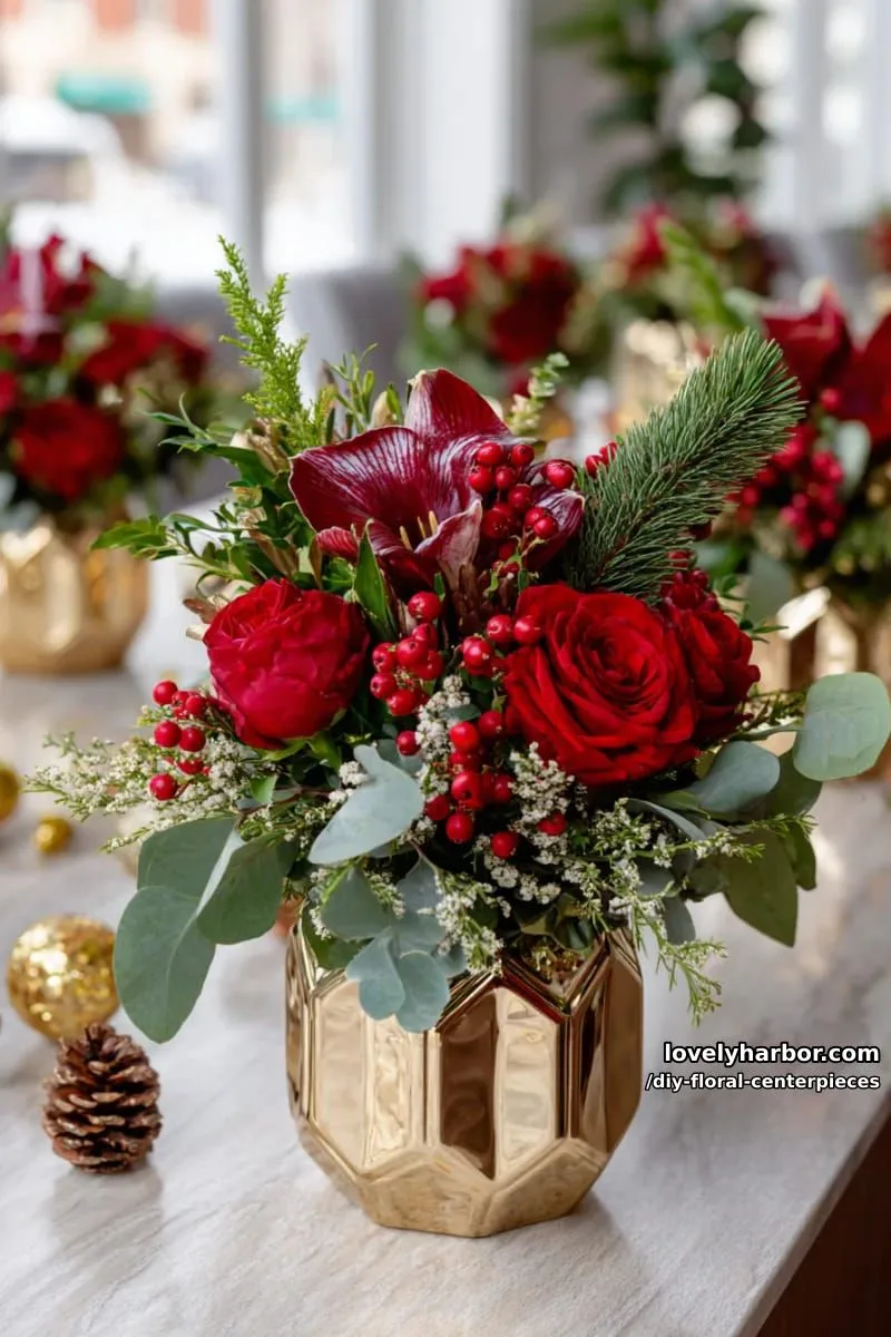 dramatic red and green christmas florals in gold geometric vases 1