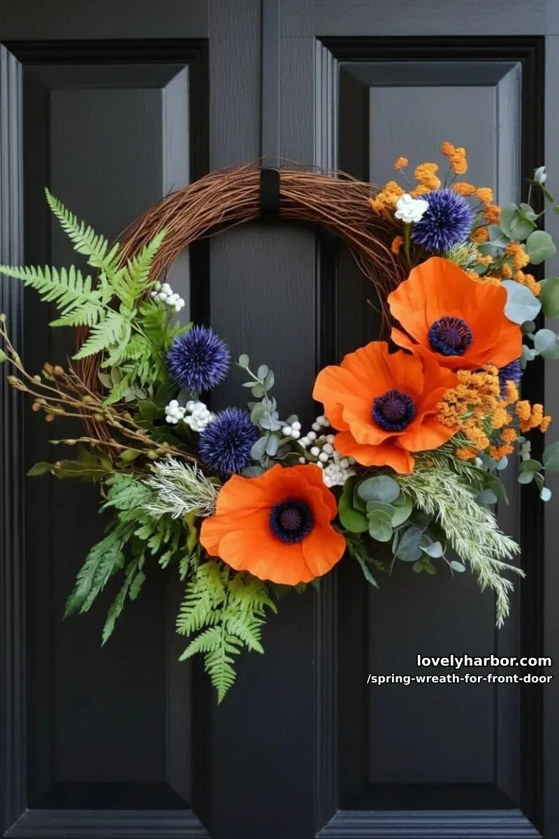 15 Unique Front Door Spring Wreaths for a Charming Entryway 35 dramatic wreath of orange poppies and navy blue thistle with ferns 1