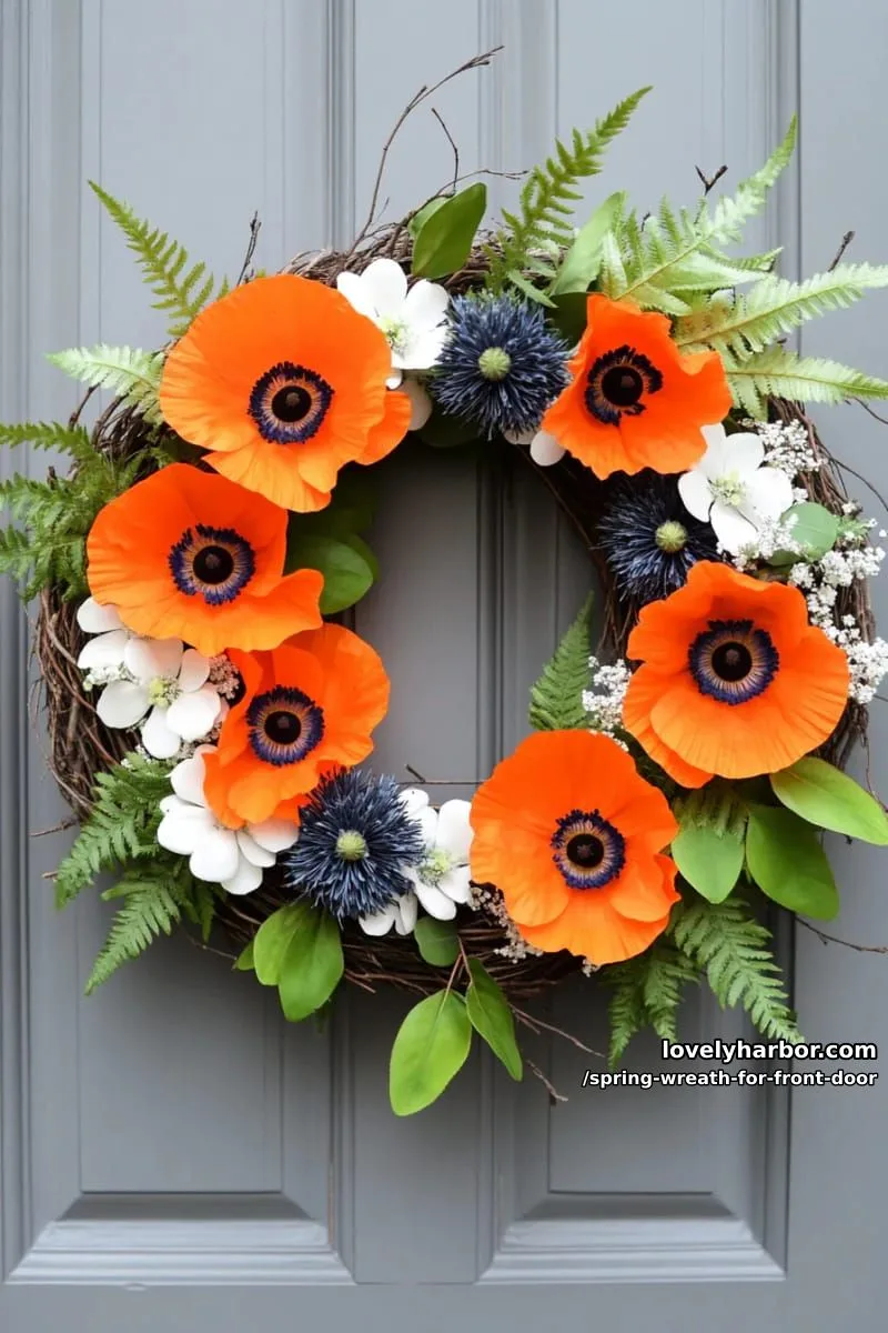 15 Unique Front Door Spring Wreaths for a Charming Entryway 36 dramatic wreath of orange poppies and navy blue thistle with ferns 1