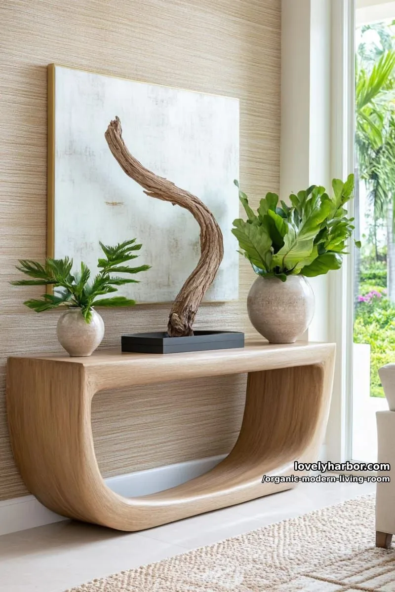 drape a sculptural branch or driftwood over a sleek console table 1