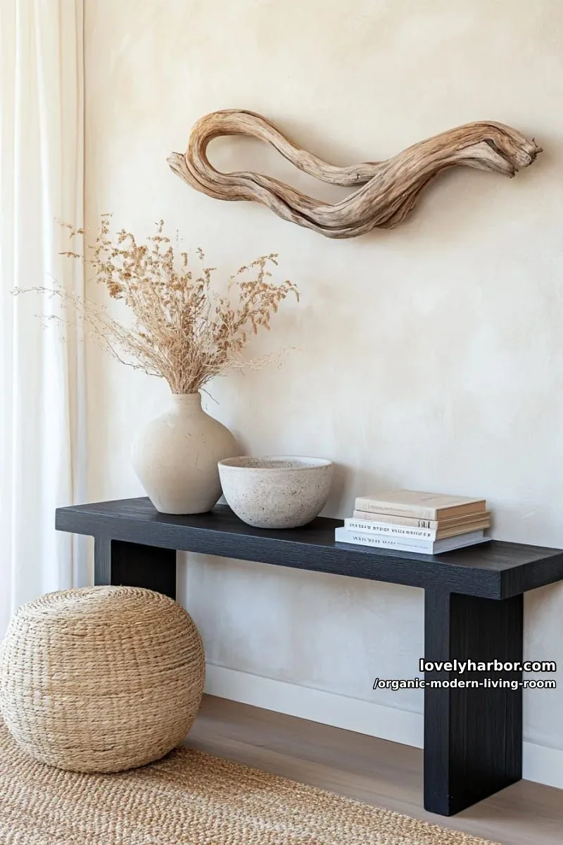 drape a sculptural branch or driftwood over a sleek console table 1