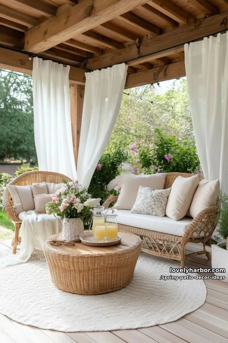 21 Spring Patio Decor Ideas To Welcome The New Season 37 drape sheer curtains around a covered patio for a soft, breezy spring retreat 1