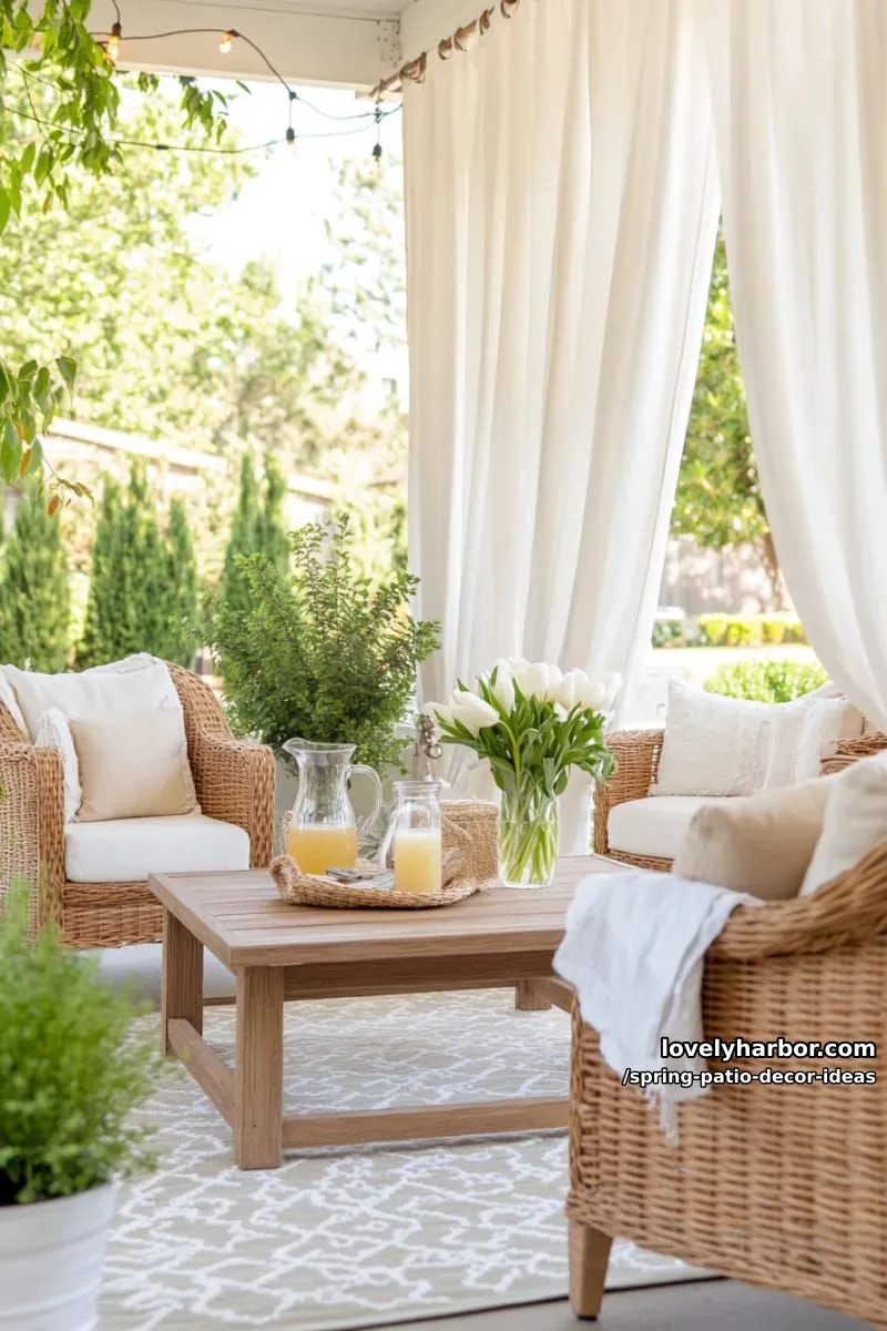 21 Spring Patio Decor Ideas To Welcome The New Season 38 drape sheer curtains around a covered patio for a soft, breezy spring retreat 1