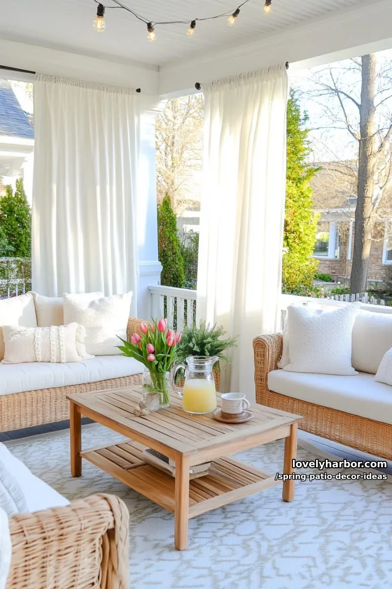 21 Spring Patio Decor Ideas To Welcome The New Season 39 drape sheer curtains around a covered patio for a soft, breezy spring retreat 1