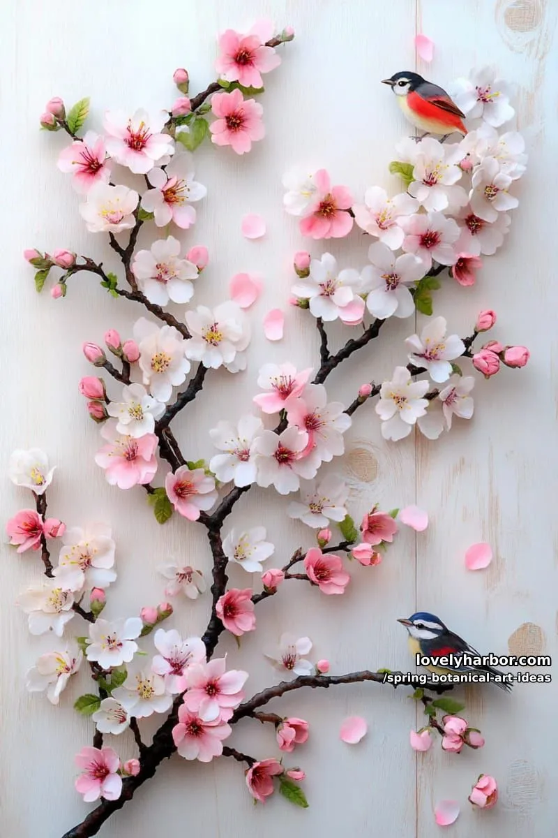 dreamy cherry blossom branches with miniature perched songbirds 17