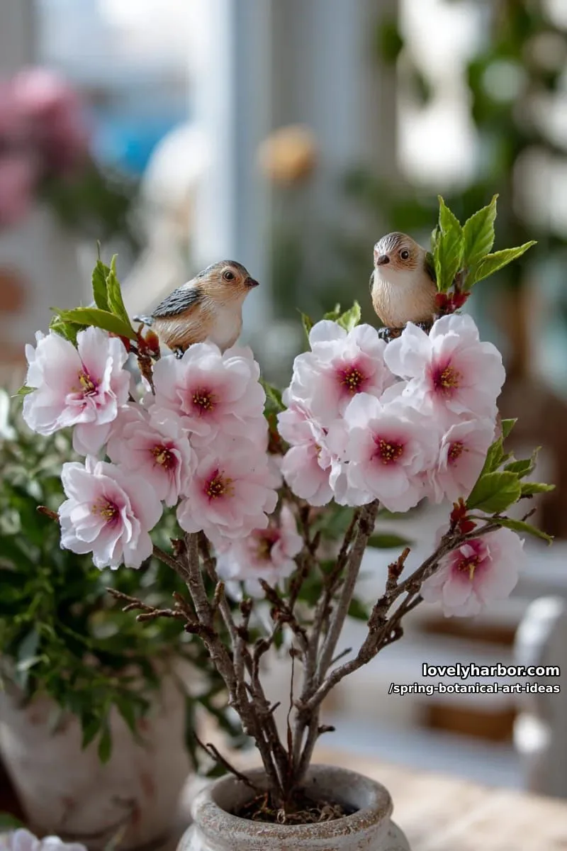 dreamy cherry blossom branches with miniature perched songbirds 1