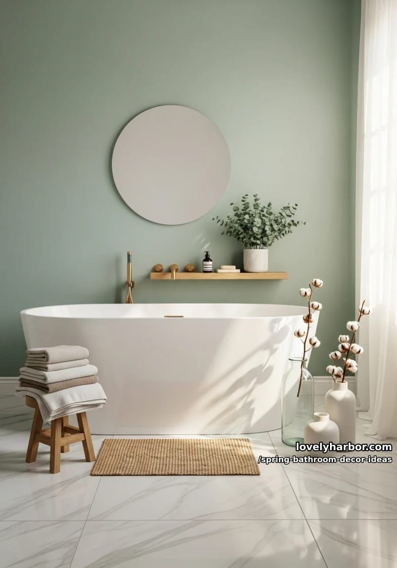 dried cotton stems in minimalist vases beside a crisp white freestanding tub 1