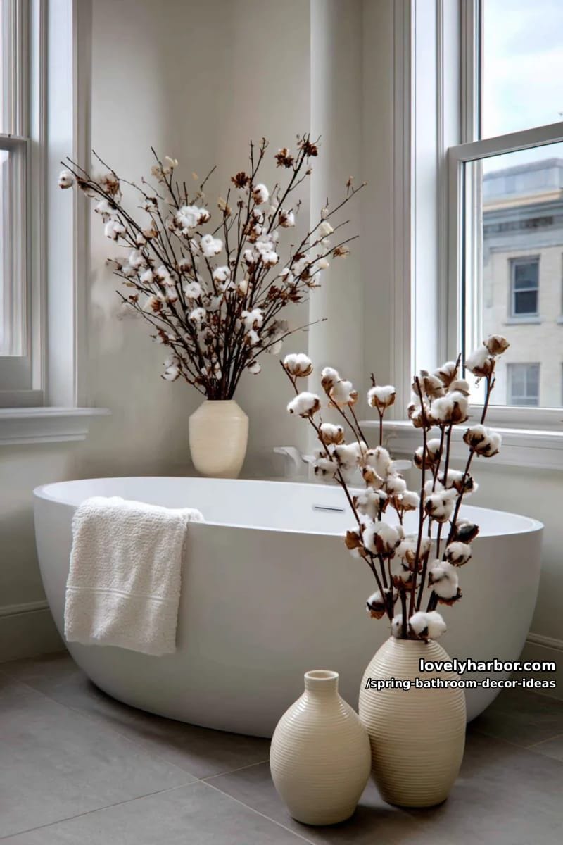 dried cotton stems in minimalist vases beside a crisp white freestanding tub 1