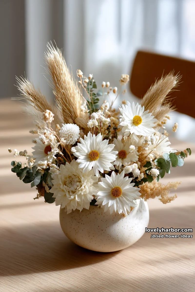 dried flower centerpiece featuring pampas grass and preserved daisies 1