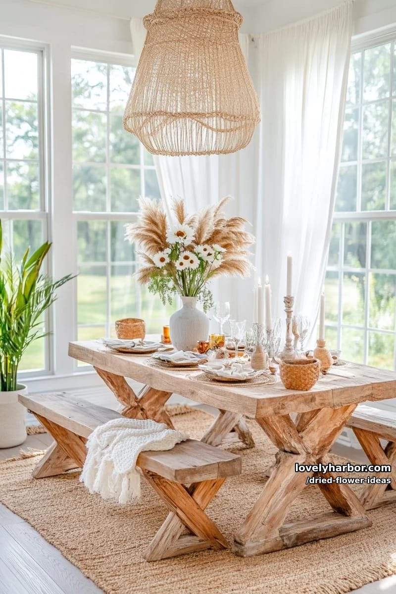 dried flower centerpiece featuring pampas grass and preserved daisies 1