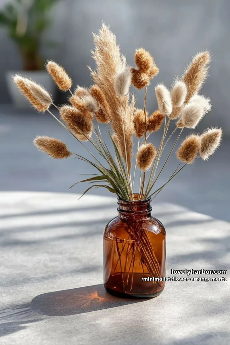 15 Chic Minimalist Flower Arrangements: Simple Designs with Huge Impact 20 dried pampas grass and bunny tails in amber bottle 1