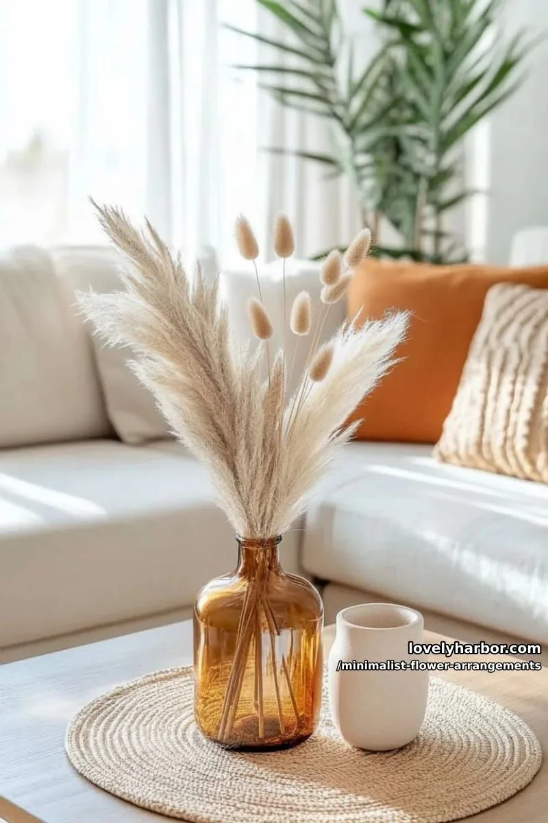 15 Chic Minimalist Flower Arrangements: Simple Designs with Huge Impact 21 dried pampas grass and bunny tails in amber bottle 1