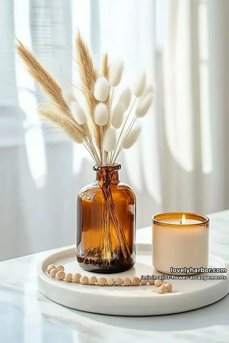 15 Chic Minimalist Flower Arrangements: Simple Designs with Huge Impact 22 dried pampas grass and bunny tails in amber bottle 1