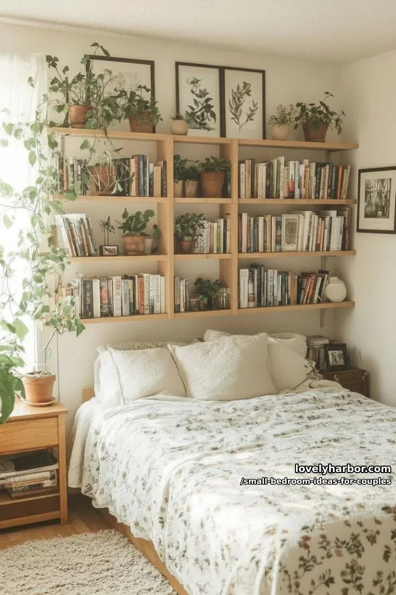 dual-sided open shelving filled with favorite books and tiny potted plants 1