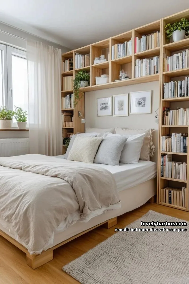 dual-sided open shelving filled with favorite books and tiny potted plants 1