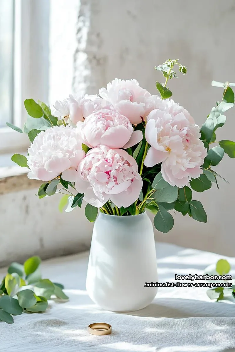 15 Chic Minimalist Flower Arrangements: Simple Designs with Huge Impact 38 dusky pink peonies in frosted glass, minimalist wedding bouquet 1