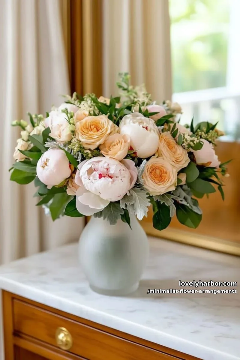 15 Chic Minimalist Flower Arrangements: Simple Designs with Huge Impact 39 dusky pink peonies in frosted glass, minimalist wedding bouquet 1