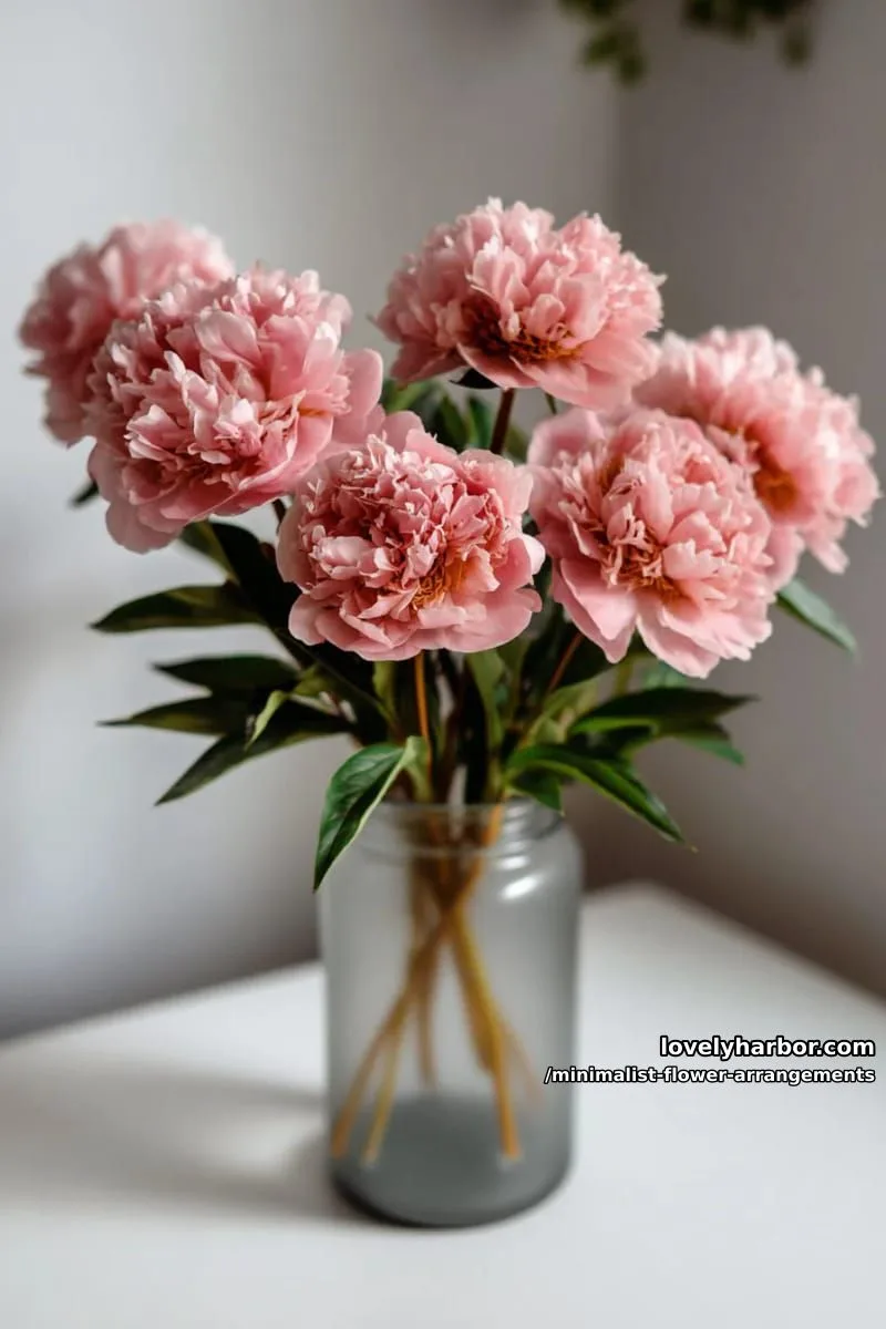 15 Chic Minimalist Flower Arrangements: Simple Designs with Huge Impact 40 dusky pink peonies in frosted glass, minimalist wedding bouquet 1