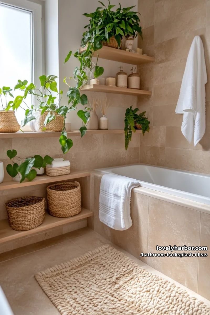 earthy travertine tiles with plant arrangements for organic, rustic elegance 1