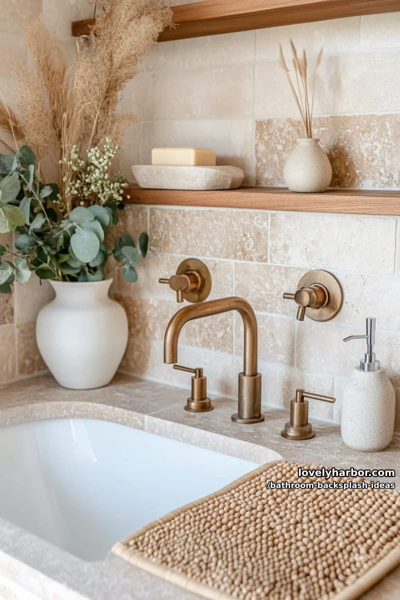 earthy travertine tiles with plant arrangements for organic, rustic elegance 1