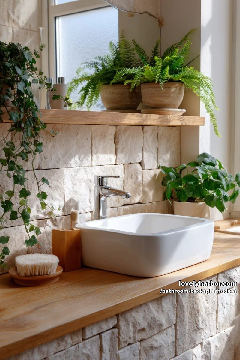 earthy travertine tiles with plant arrangements for organic, rustic elegance 1
