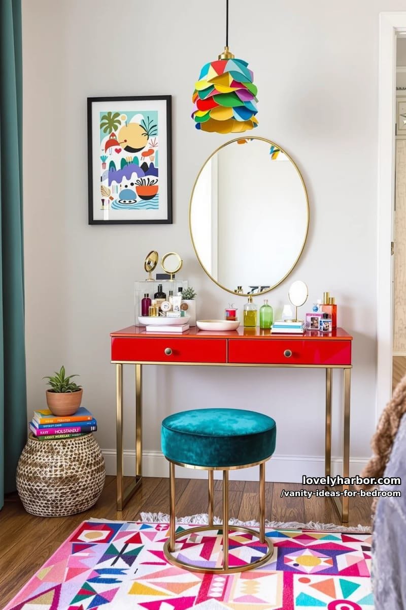 eclectic vanity display featuring mixed textures, bold colors, and quirky art 1