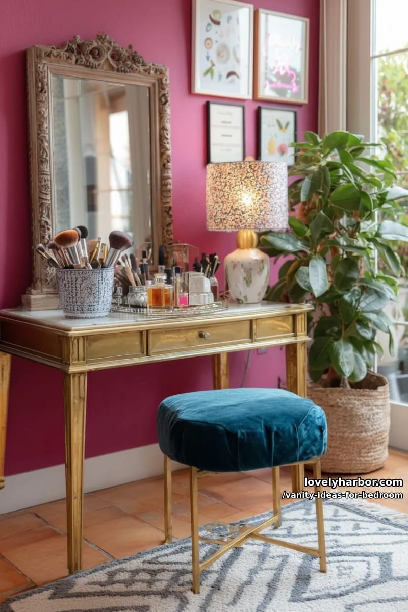 eclectic vanity display featuring mixed textures, bold colors, and quirky art 1