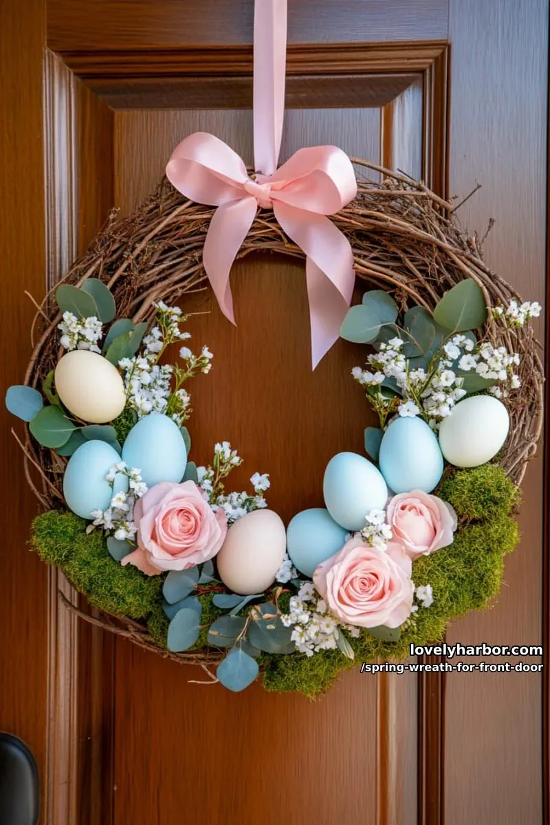 15 Unique Front Door Spring Wreaths for a Charming Entryway 37 egg-adorned spring wreath with pink roses and woven twigs 1