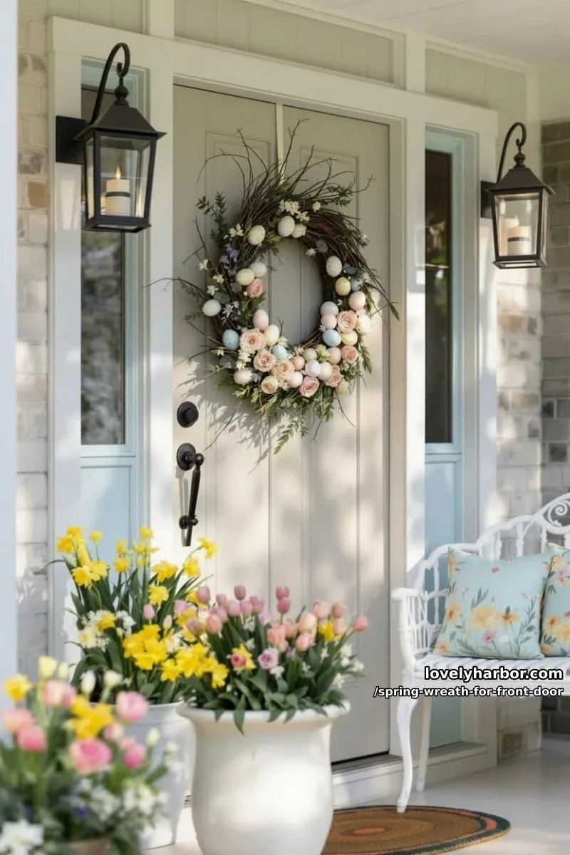 15 Unique Front Door Spring Wreaths for a Charming Entryway 38 egg-adorned spring wreath with pink roses and woven twigs 1
