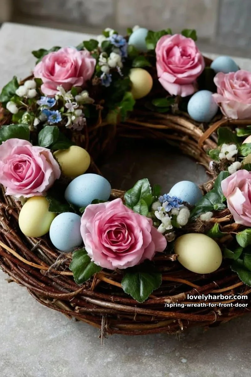 15 Unique Front Door Spring Wreaths for a Charming Entryway 39 egg-adorned spring wreath with pink roses and woven twigs 1