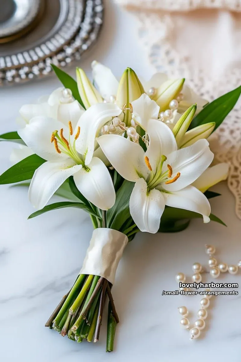 19 Classy Small Flower Arrangements to Cheer You Up in Spring 36 elegant mini bouquet of white lilies with pearl accents 1