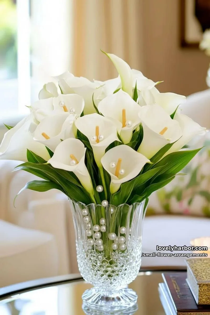 19 Classy Small Flower Arrangements to Cheer You Up in Spring 37 elegant mini bouquet of white lilies with pearl accents 1