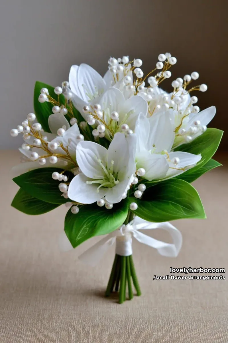 19 Classy Small Flower Arrangements to Cheer You Up in Spring 38 elegant mini bouquet of white lilies with pearl accents 1