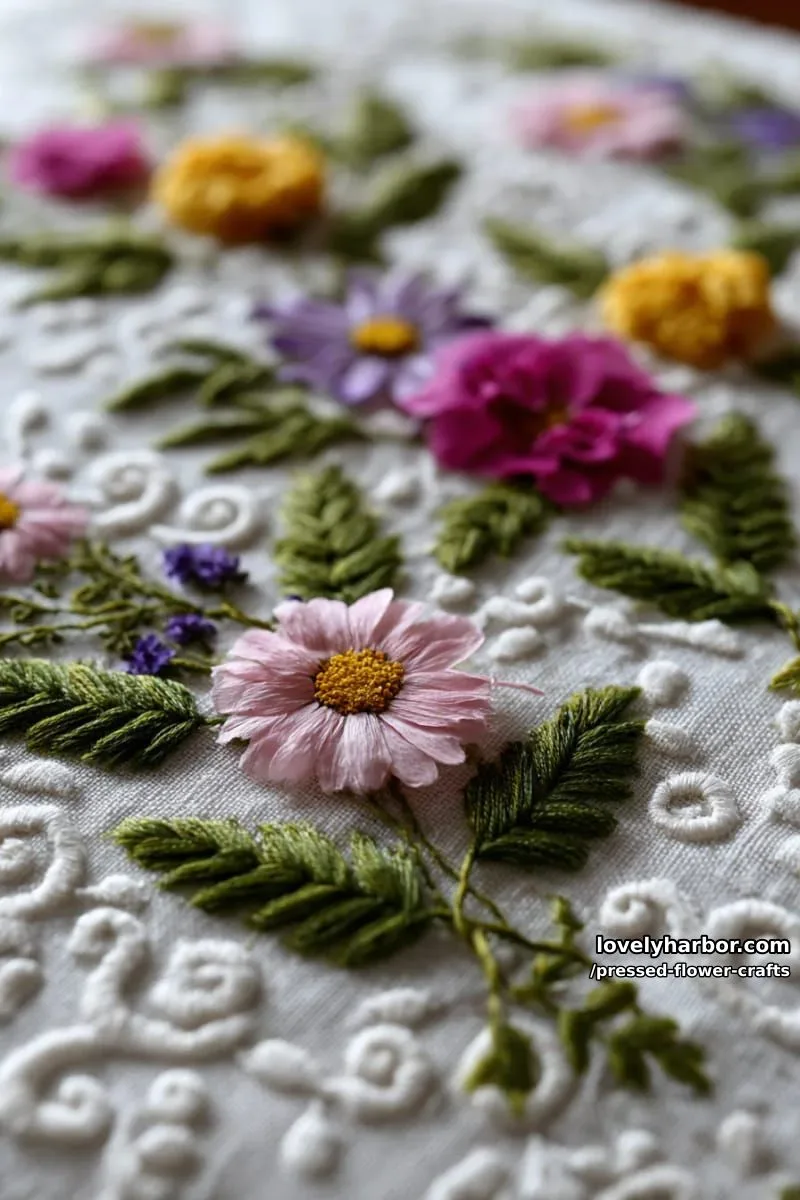 embroidered canvas art combining stitching and pressed blooms for textured beauty 1