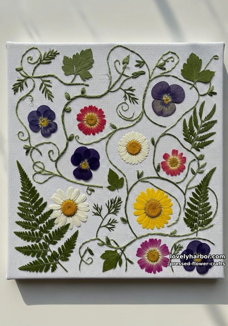 embroidered canvas art combining stitching and pressed blooms for textured beauty 1