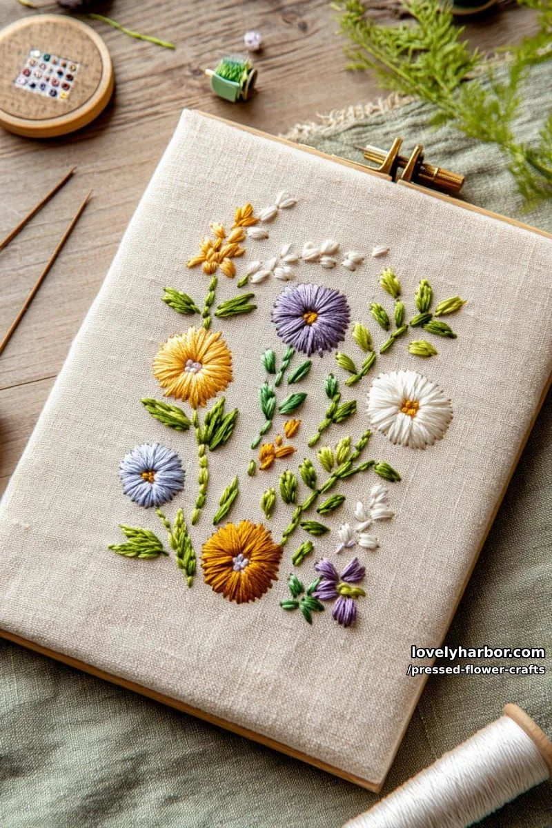 embroidered canvas art combining stitching and pressed blooms for textured beauty 1