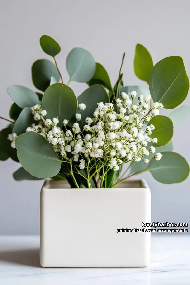 15 Chic Minimalist Flower Arrangements: Simple Designs with Huge Impact 11 eucalyptus sprigs and baby’s breath on low geometric cube 1