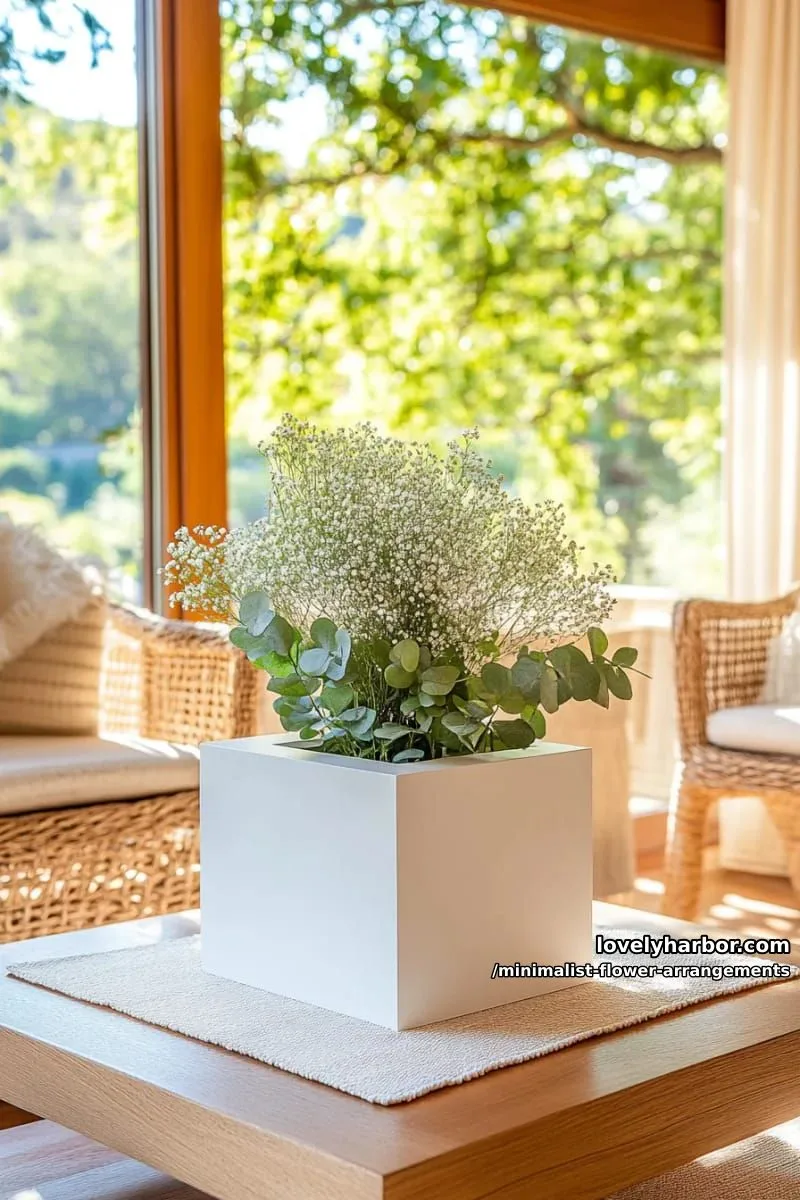 15 Chic Minimalist Flower Arrangements: Simple Designs with Huge Impact 12 eucalyptus sprigs and baby’s breath on low geometric cube 1