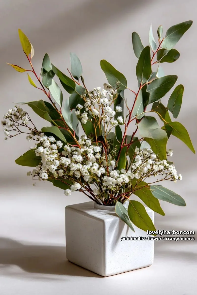 15 Chic Minimalist Flower Arrangements: Simple Designs with Huge Impact 13 eucalyptus sprigs and baby’s breath on low geometric cube 1