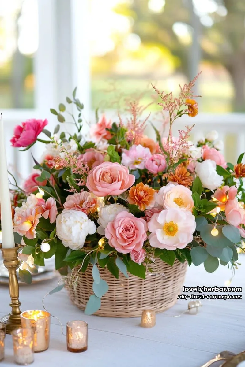 fairy lights woven through silk florals in low basket for evening sparkle 1