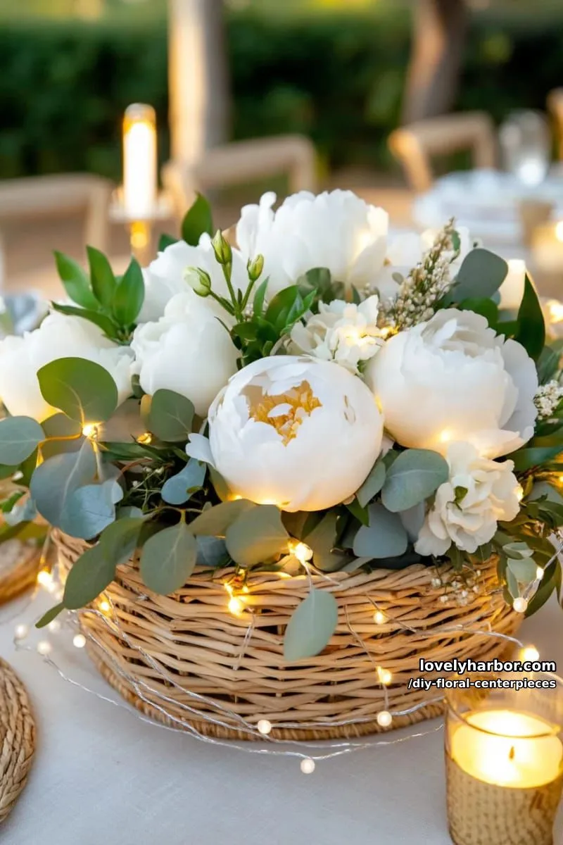 fairy lights woven through silk florals in low basket for evening sparkle 1