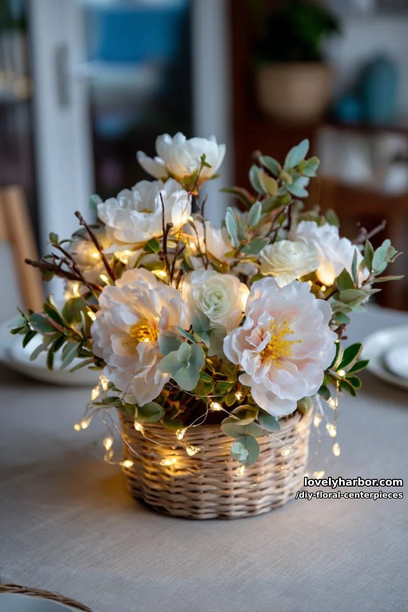 15 Easy DIY Floral Centerpiece Designs with Modern Flair 36 fairy lights woven through silk florals in low basket for evening sparkle 1