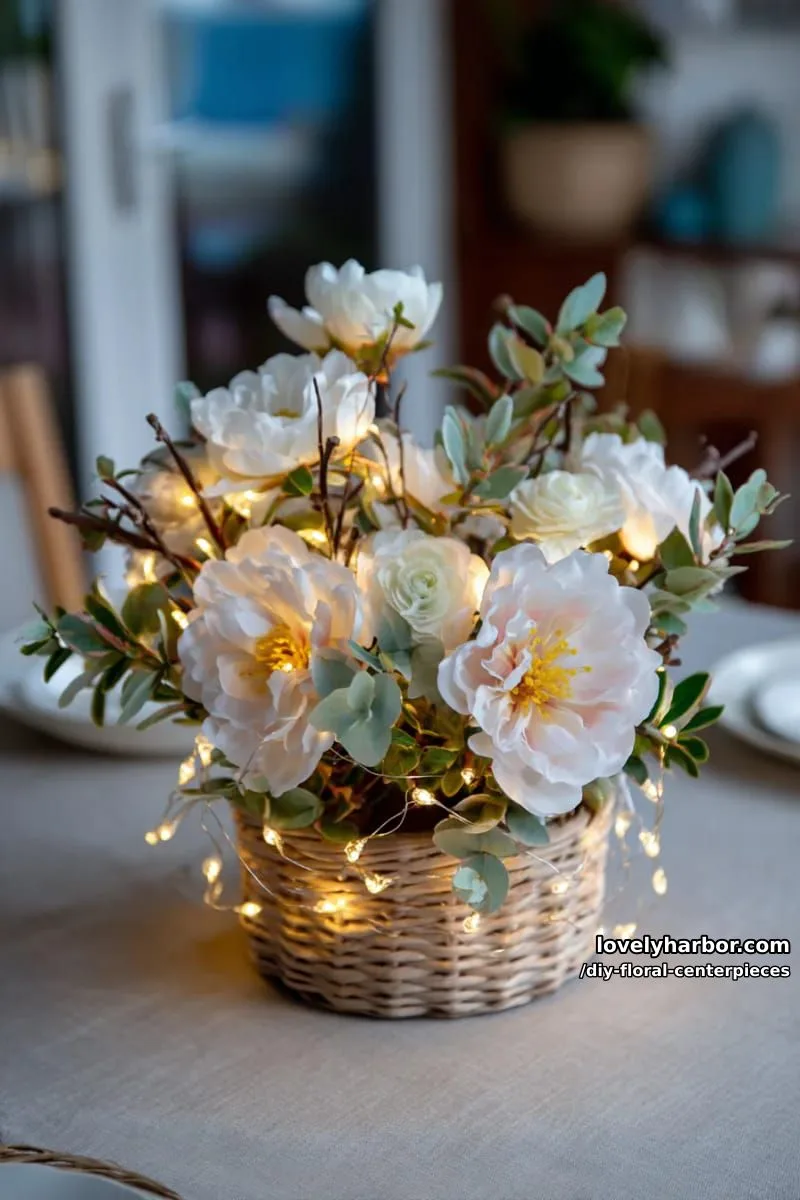 fairy lights woven through silk florals in low basket for evening sparkle 1