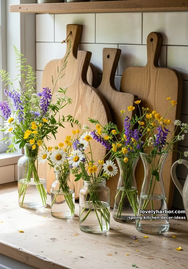 farmhouse cutting boards standing behind glass vases of wildflowers 1