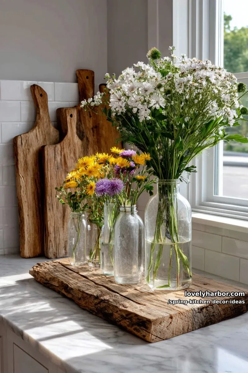 farmhouse cutting boards standing behind glass vases of wildflowers 1