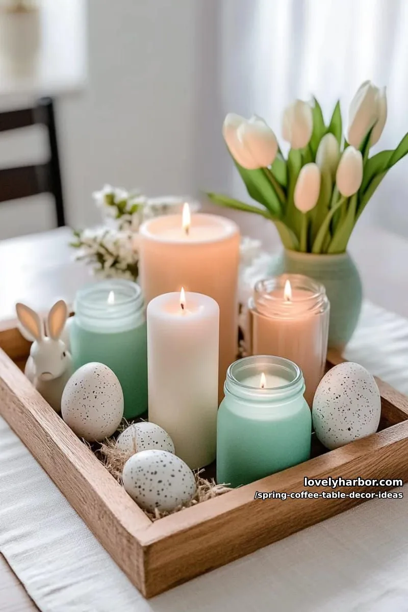 farmhouse wooden tray holding a collection of spring-inspired candles 1