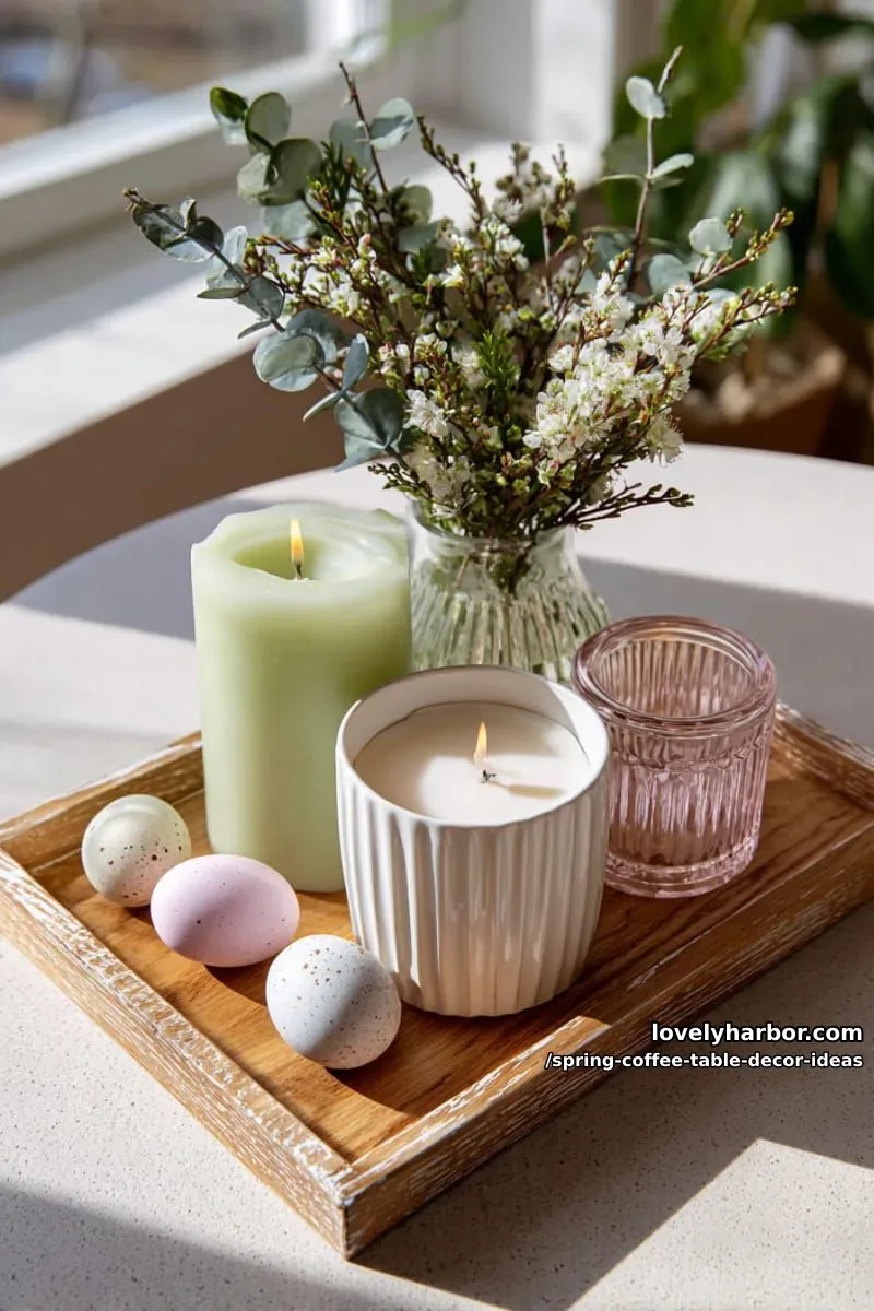 farmhouse wooden tray holding a collection of spring-inspired candles 1