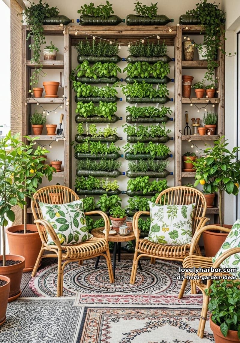 fashion a living wall using upcycled plastic bottles for urban herb planting. 1