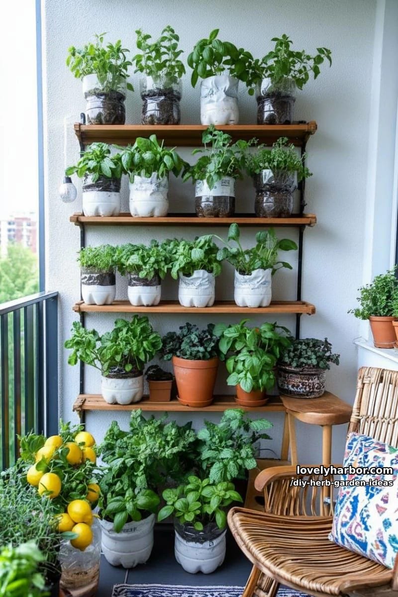 fashion a living wall using upcycled plastic bottles for urban herb planting. 1