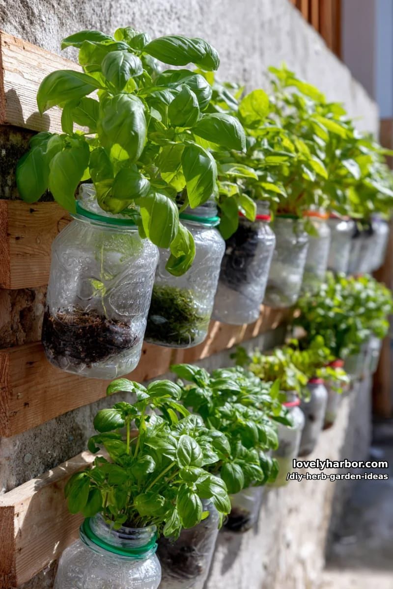 fashion a living wall using upcycled plastic bottles for urban herb planting. 1